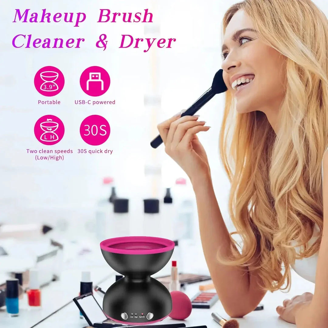 Electric USB makeup brush cleaner and dryer with silicone collar and automatic spinning action for thorough cleaning and drying of makeup brushes