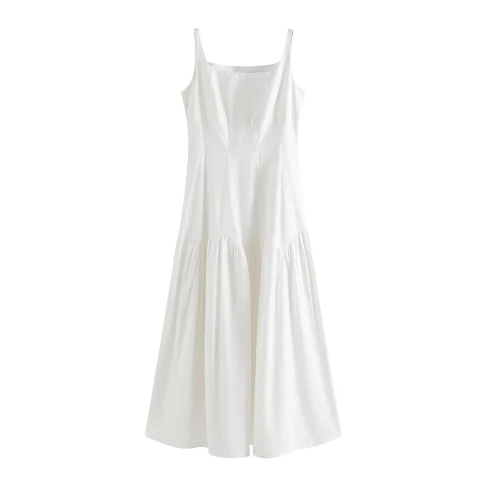 Elegant French White Suspender Long Dress with a relaxed A-line silhouette and premium cotton fabric