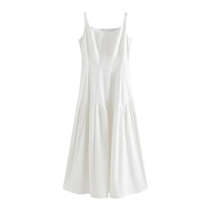 Elegant French White Suspender Long Dress with a relaxed A-line silhouette and premium cotton fabric