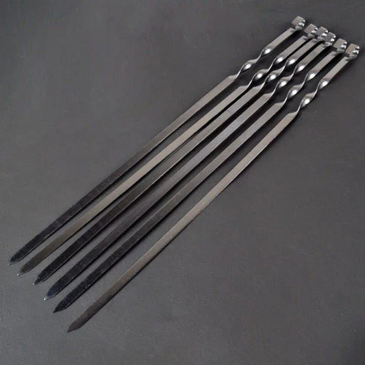 Premium stainless steel BBQ skewers with a flat design for even heat distribution and easy handling