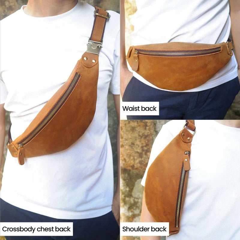 Premium one-shoulder cowhide crossbody bag for men in various colours, featuring a spacious main compartment and multiple pockets for organised storage.