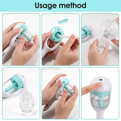 Compact mini car steam humidifier and aroma diffuser with pink colour, designed to improve air quality and promote relaxation in your vehicle