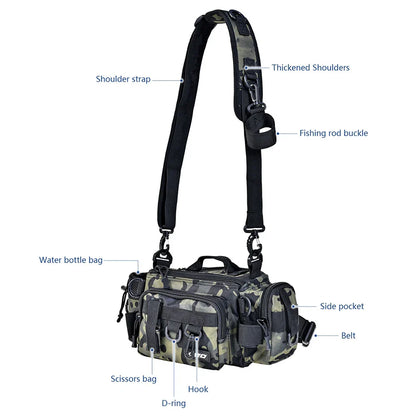Premium green camouflage fishing tackle kit with Oxford cloth construction and convenient one-shoulder pocket for UK anglers