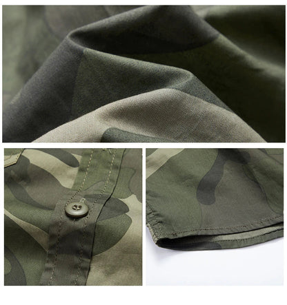 Men's long sleeve casual overalls shirt in army green, khaki, and grey colours with Japanese-inspired lapel design