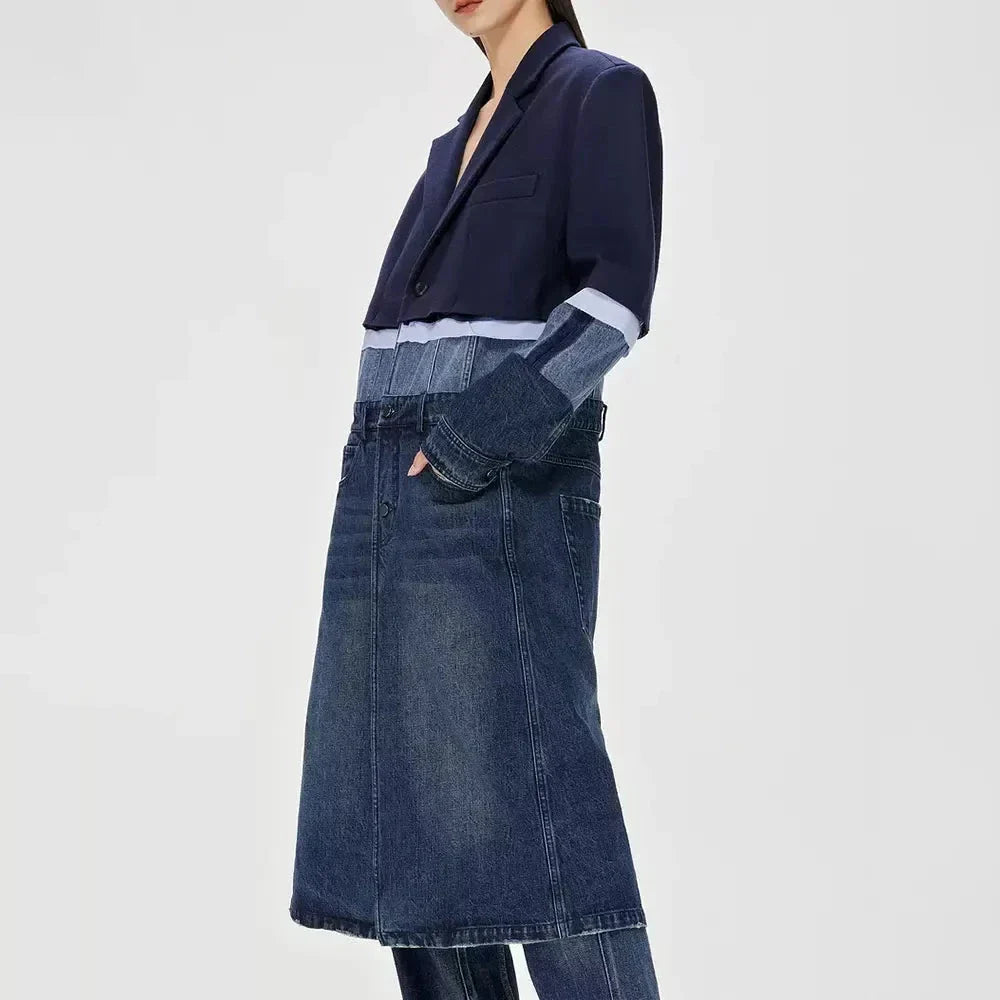 A stylish patchwork denim trench coat with a classic silhouette and a modern edge, perfect for the autumn and winter seasons.