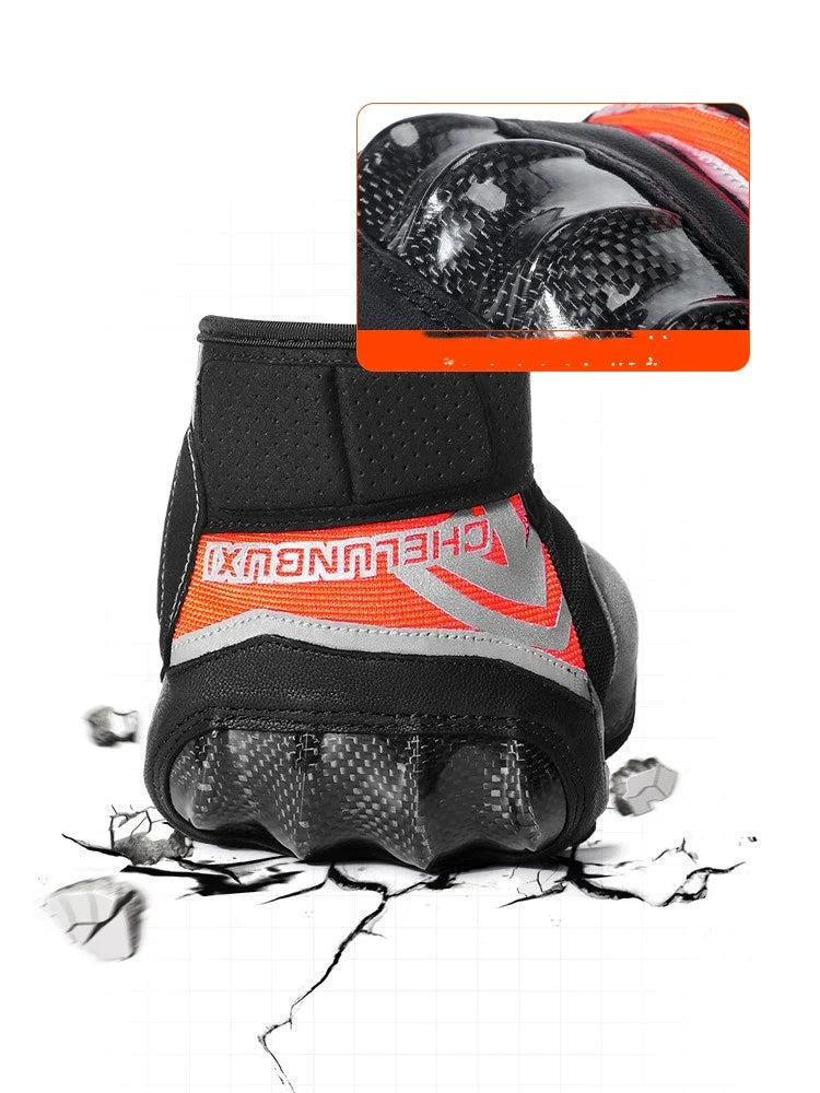 Pair of high-performance motorcycle riding gloves made from carbon fibre, featuring a sleek black design and reinforced palm and knuckle areas for superior protection.