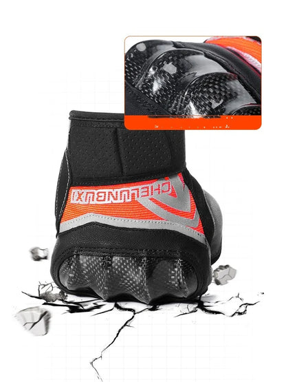 Pair of high-performance motorcycle riding gloves made from carbon fibre, featuring a sleek black design and reinforced palm and knuckle areas for superior protection.