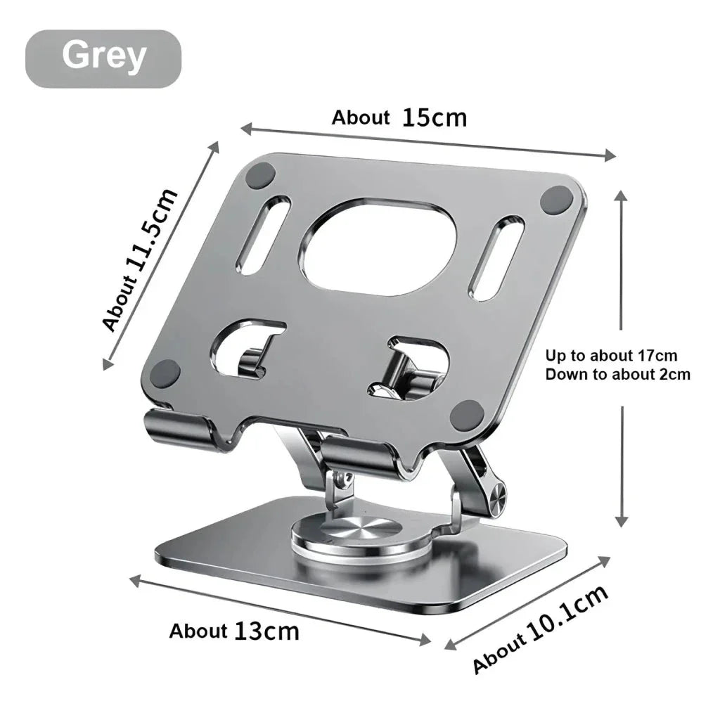 Premium Adjustable 360° Rotating Tablet and Phone Stand made of durable aluminium alloy, foldable for easy travel