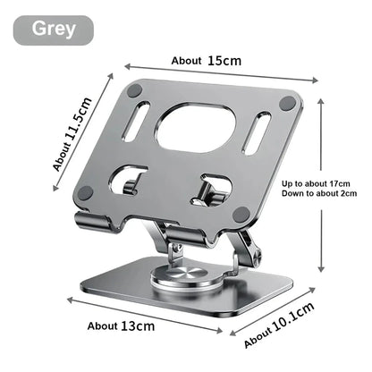Premium Adjustable 360° Rotating Tablet and Phone Stand made of durable aluminium alloy, foldable for easy travel