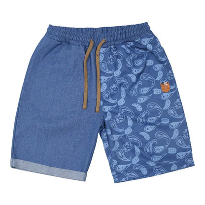 Relaxed-fit sports shorts in light blue and denim blue mosaic patterns, designed for casual everyday wear