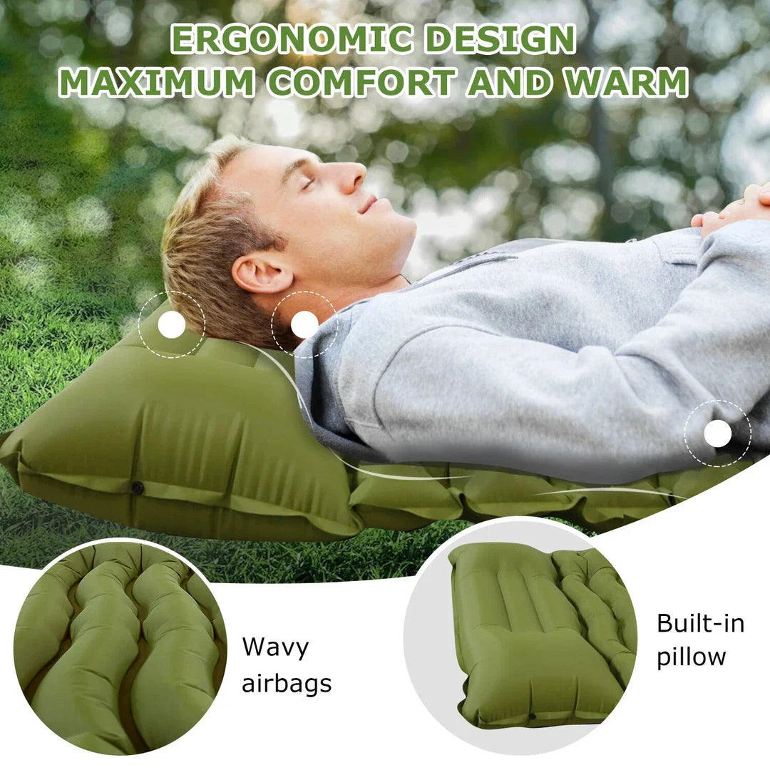 Luxury inflatable camping mattress with built-in pillow and foot pump for effortless inflation and superior comfort in the great outdoors