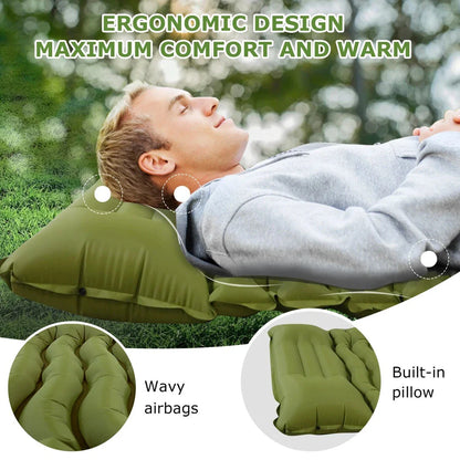 Luxury inflatable camping mattress with built-in pillow and foot pump for effortless inflation and superior comfort in the great outdoors