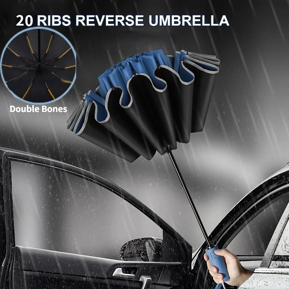 Premium auto-open reverse folding umbrella with reflective safety strip for all-weather protection