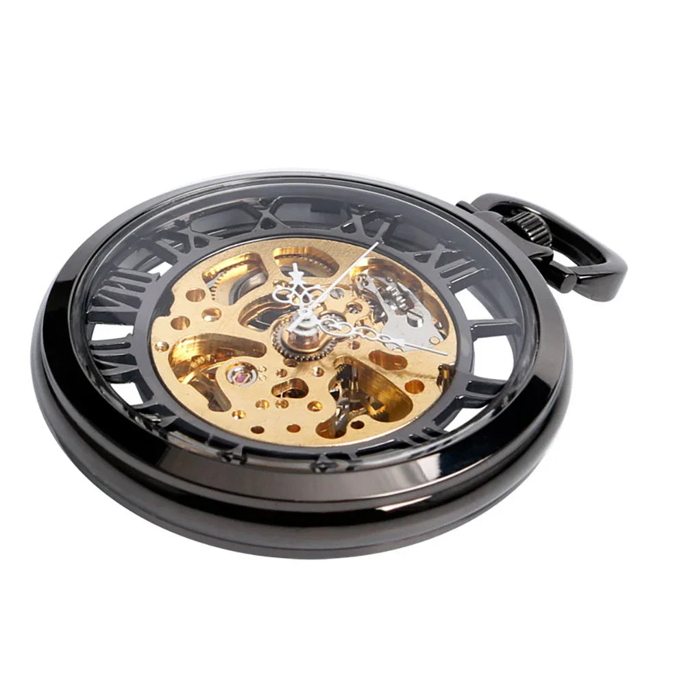 Classic double-sided mechanical pocket watch with transparent cutout design and Roman numeral dial
