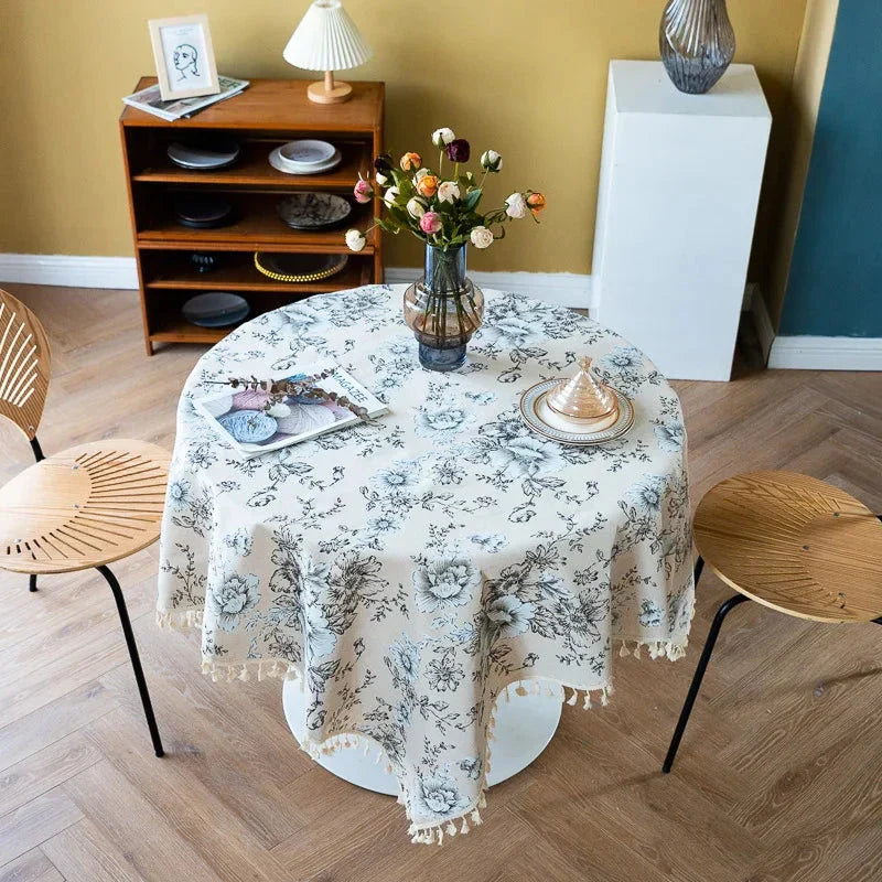 Peony print cotton-linen tablecloth with tassels, suitable for elegant home décor and dining experiences