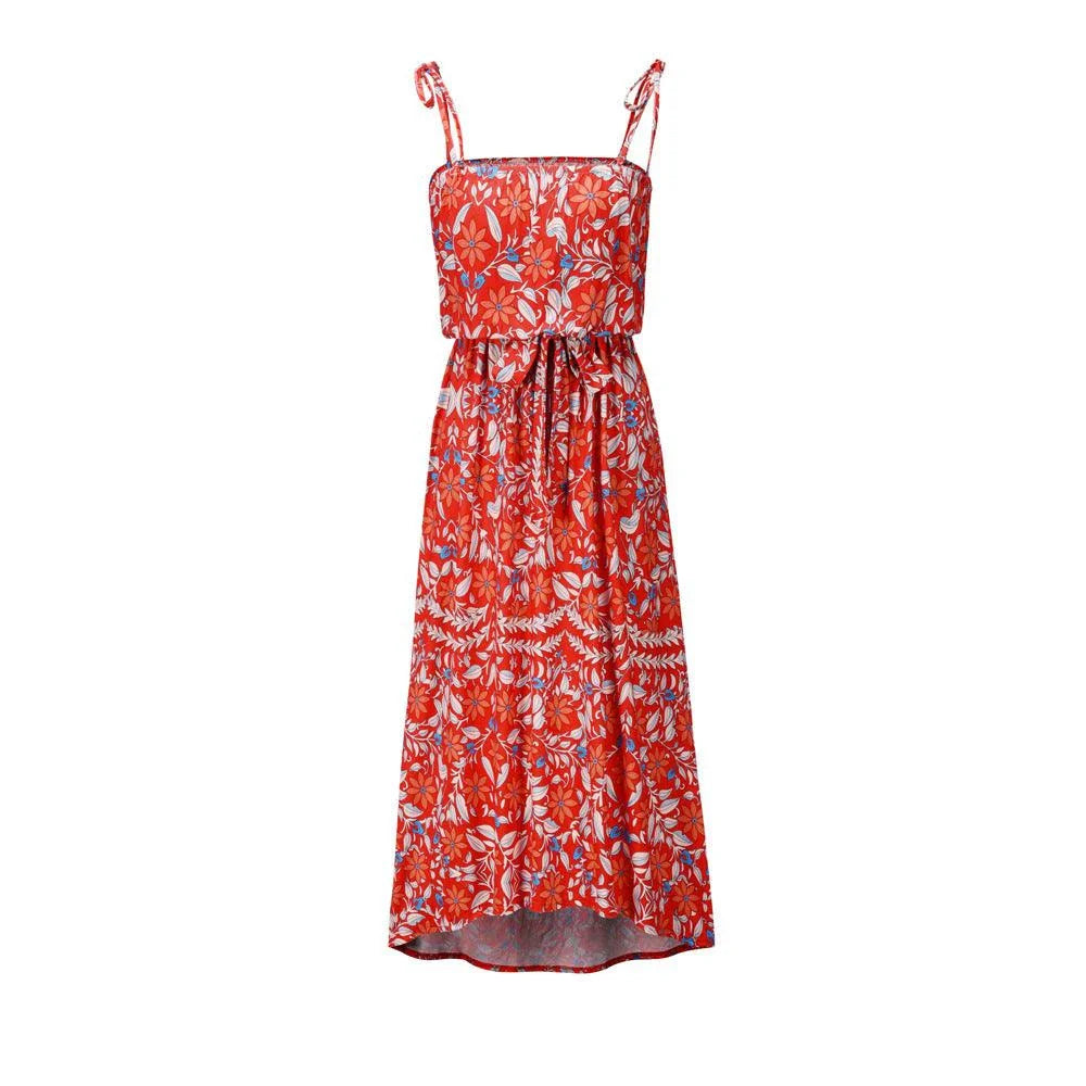 A premium printed camisole dress in a vibrant red colour, featuring a flattering mid-length skirt and high-waist design for a sophisticated, feminine look.