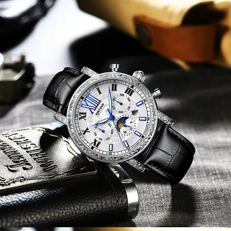Luxury automatic mechanical watch with night glow, lunar phase indicator, and genuine leather strap