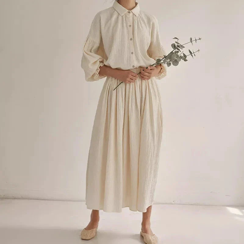 Elegant lantern sleeve shirt and chic skirt two piece set in 100% cotton gauze fabric