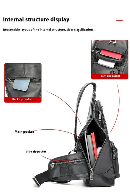 Premium first-layer cowhide chest bag with stylish skeleton skin detailing, suitable for men's everyday use and travel