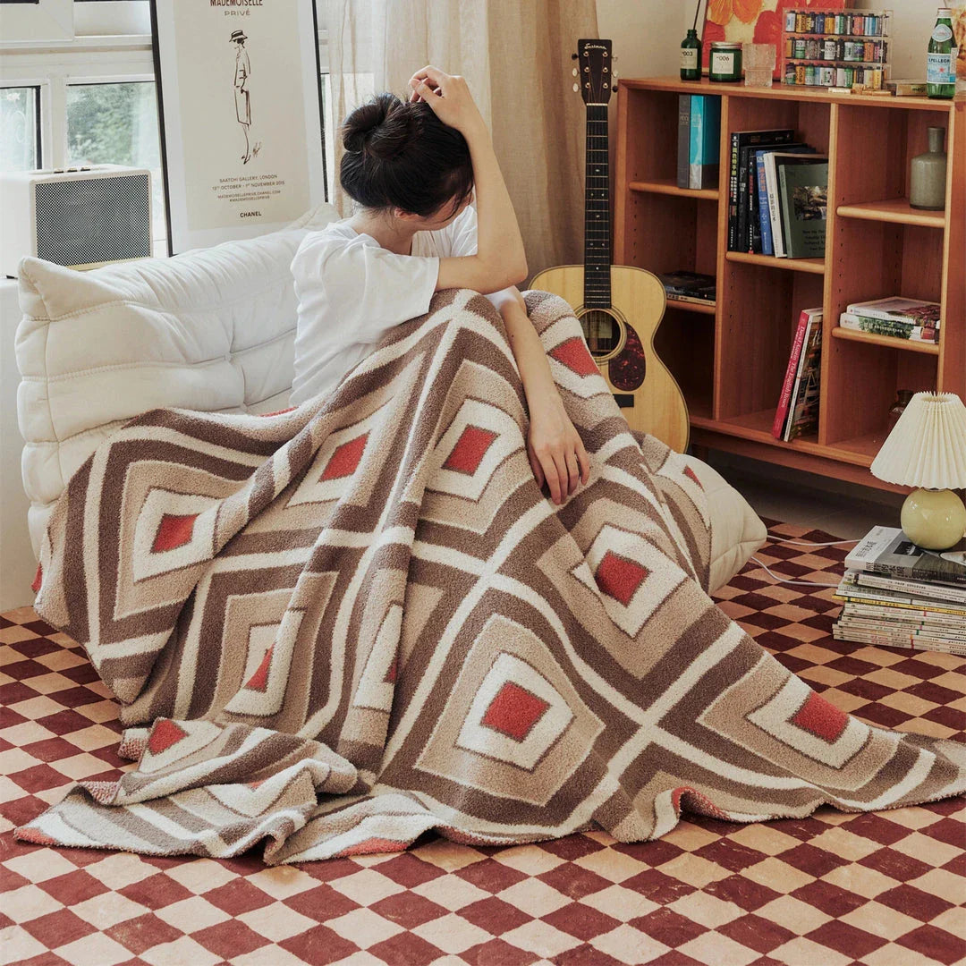 Luxurious Plaid Throw Blanket in Khaki, a cosy and stylish microfibre blanket with a vibrant Mediterranean-inspired design