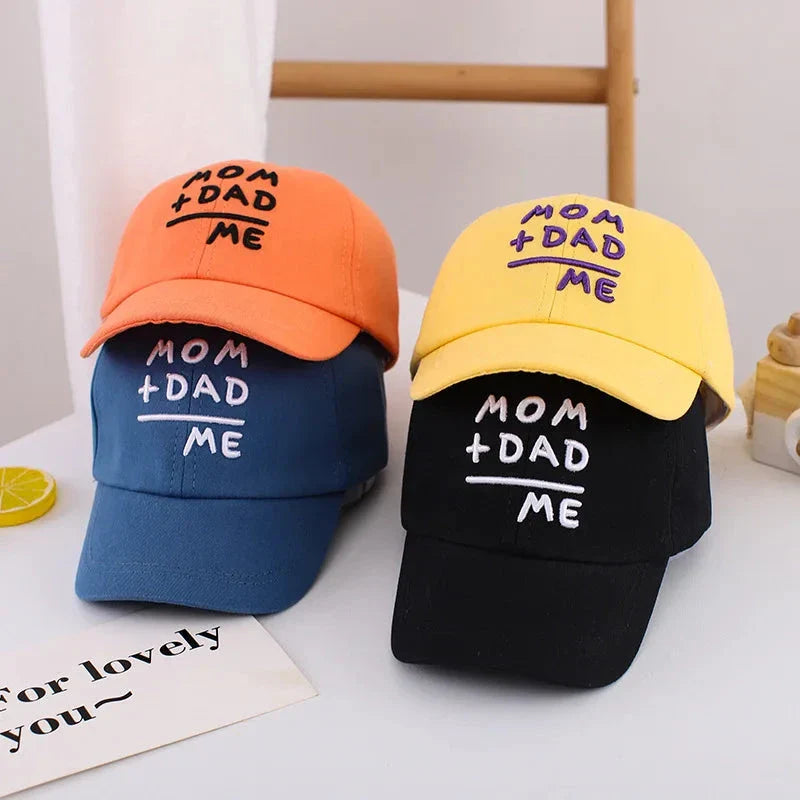 Adjustable cotton sun hat for kids with 'MOM+DAD=ME' embroidery, offering UV protection and breathable comfort