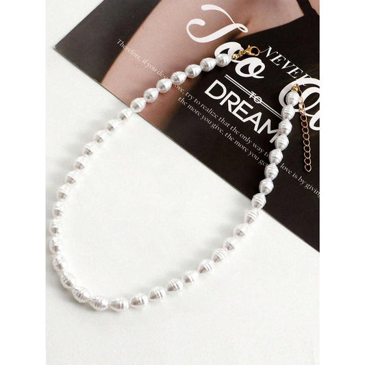 Elegant imitation pearl heart-shaped pendant necklace with lustrous bead chain and OT buckle closure
