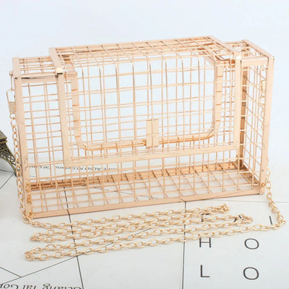 A sophisticated British-designed metal mesh clutch bag with a chain strap, available in various colours and chain styles