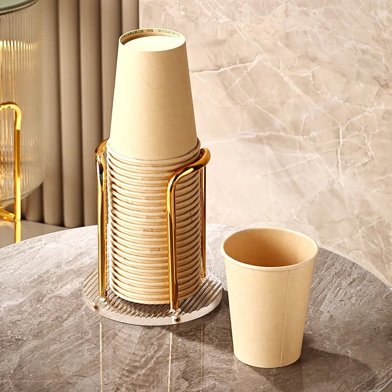 Elegant gold and silver disposable cup organiser with longer stand, designed for easy access and a sophisticated look in homes, offices, and cafes.
