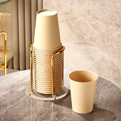 Elegant gold and silver disposable cup organiser with longer stand, designed for easy access and a sophisticated look in homes, offices, and cafes.
