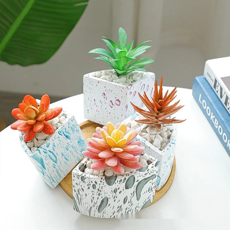 Ceramic succulent planter with bamboo tray, featuring a stylish Nordic-inspired design for indoor greenery