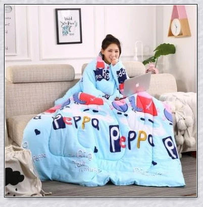 A cosy, wearable quilt with sleeves in a variety of colourful designs, perfect for staying warm and comfortable during the winter months.