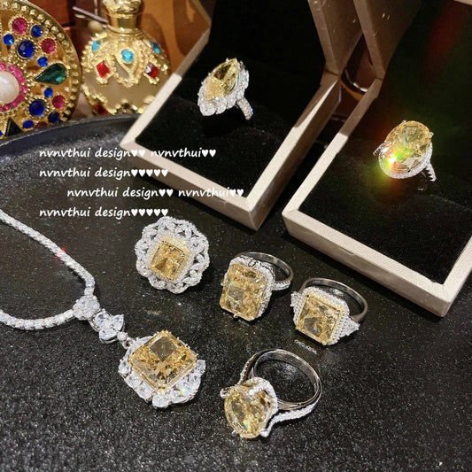 925 Sterling Silver Goose Yellow Gemstone Flower Ring with High-Carbon Diamond Accents
