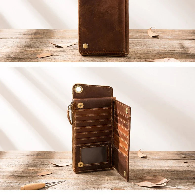Premium genuine leather zipper phone wallet case in dark brown colour with multiple compartments for organisation