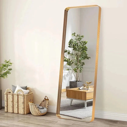Gold full-length mirror with modern aluminium alloy frame, providing a clear and precise reflection.