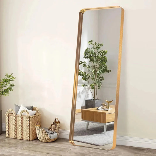 Gold full-length mirror with modern aluminium alloy frame, providing a clear and precise reflection.