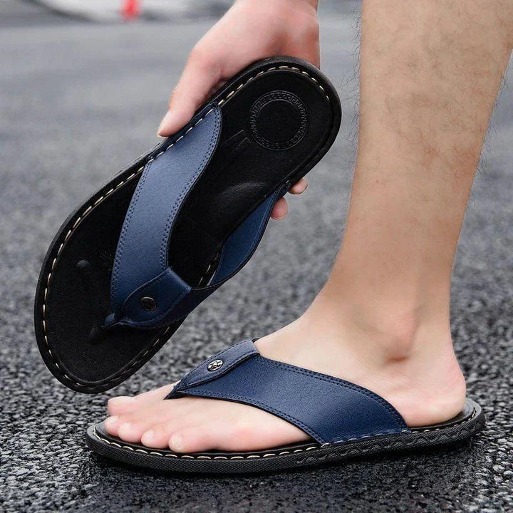 Durable and comfortable men's leather sandals in black, blue, and brown colours for casual wear