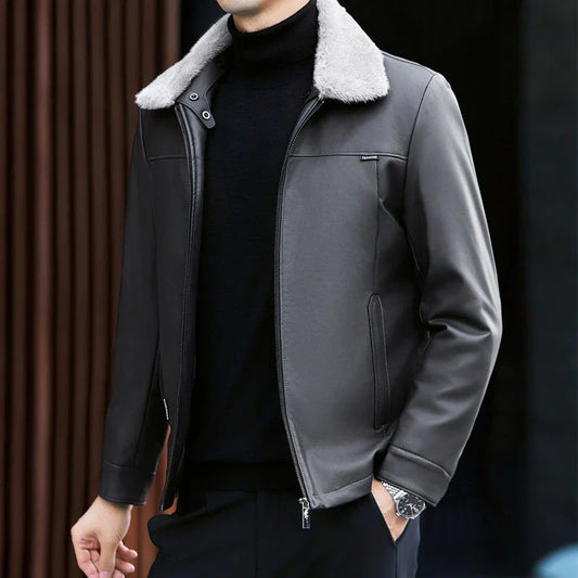 A premium leather down jacket for men, featuring a sleek and sophisticated design with warm insulation for the autumn and winter seasons.