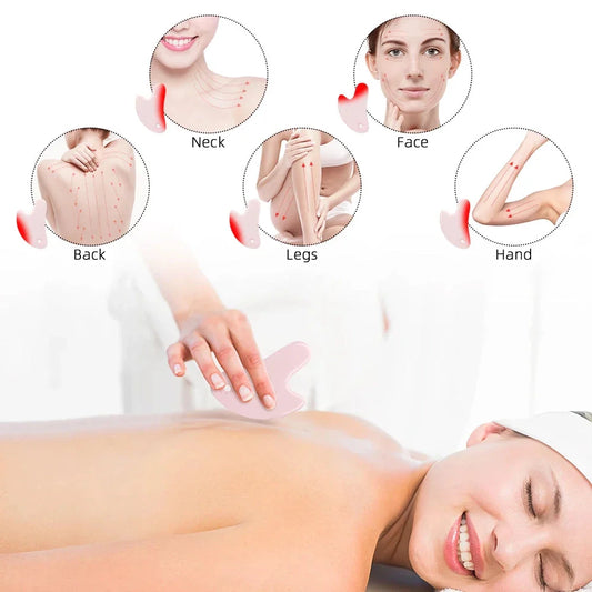 Ceramic Gua Sha facial massager in blue, pink, and white colours, designed to improve circulation and promote lymphatic drainage for radiant, youthful skin.