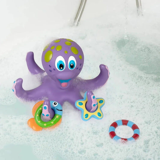A purple octopus bath toy with colourful rings for tossing and splashing in the water