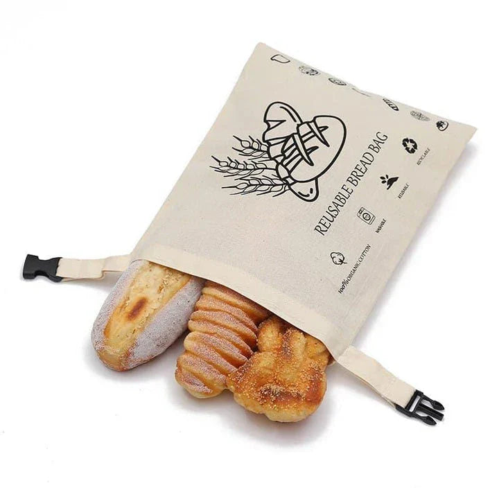 Organic cotton bread bag with dual-layer design for enhanced insulation and moisture control, preserving the freshness of homemade or artisanal breads.