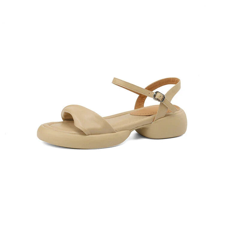 Premium leather chunky heel sandals in black with adjustable buckle strap for comfortable, stylish summer wear
