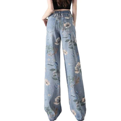 A pair of stylish painted wide-leg jeans in a high-waist design for a slimming and flattering silhouette