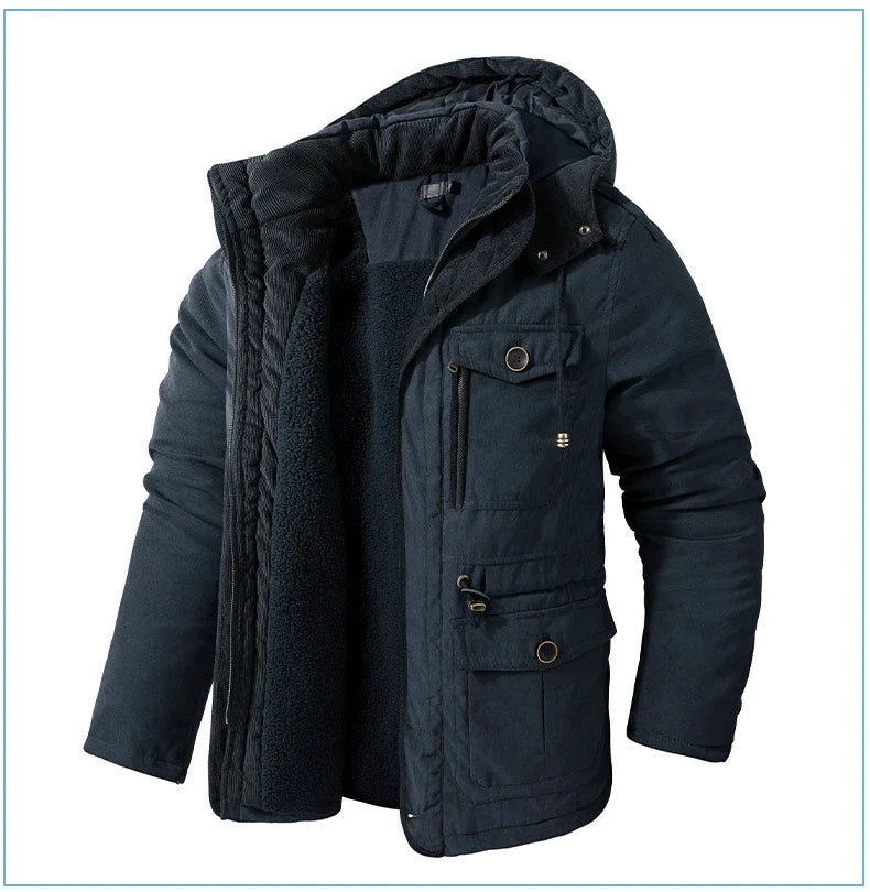 A premium fleece-lined and cotton-padded winter coat for plus-size men, available in a range of classic colours.