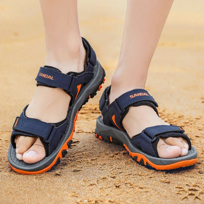 Men's black artificial PU leather and rubber sole beach sandals with open-toe design for outdoor leisure