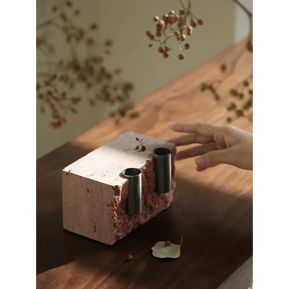 Elegant minimalist red travertine vase for refined home decor in the UK