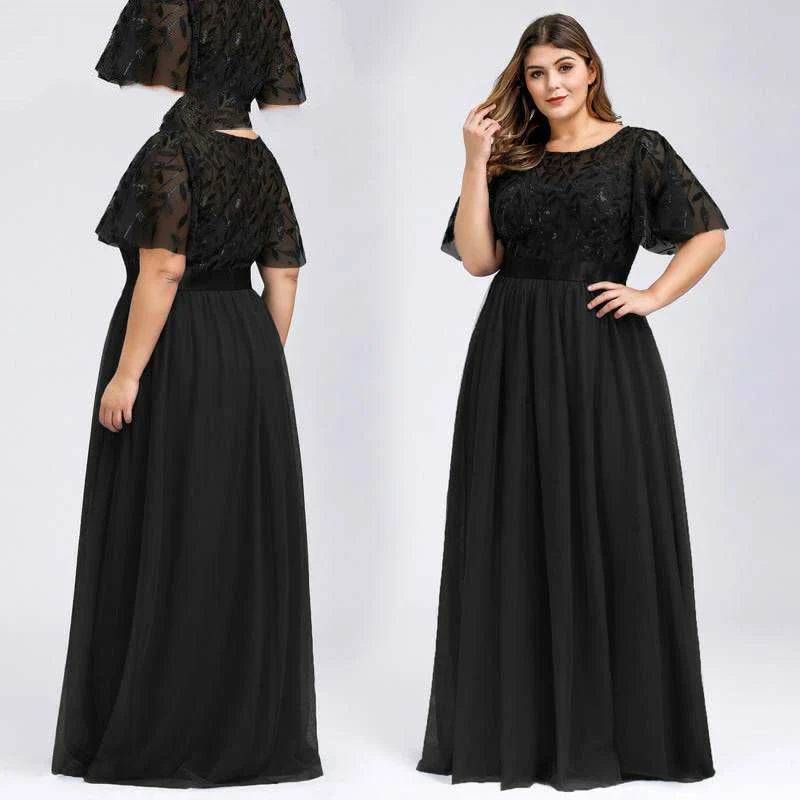 A plus size evening gown with a sparkling sequin mesh overlay in a variety of colours, including white, gray, green, black, gold, wine red, navy blue, bean paste powder, and dirty blue.