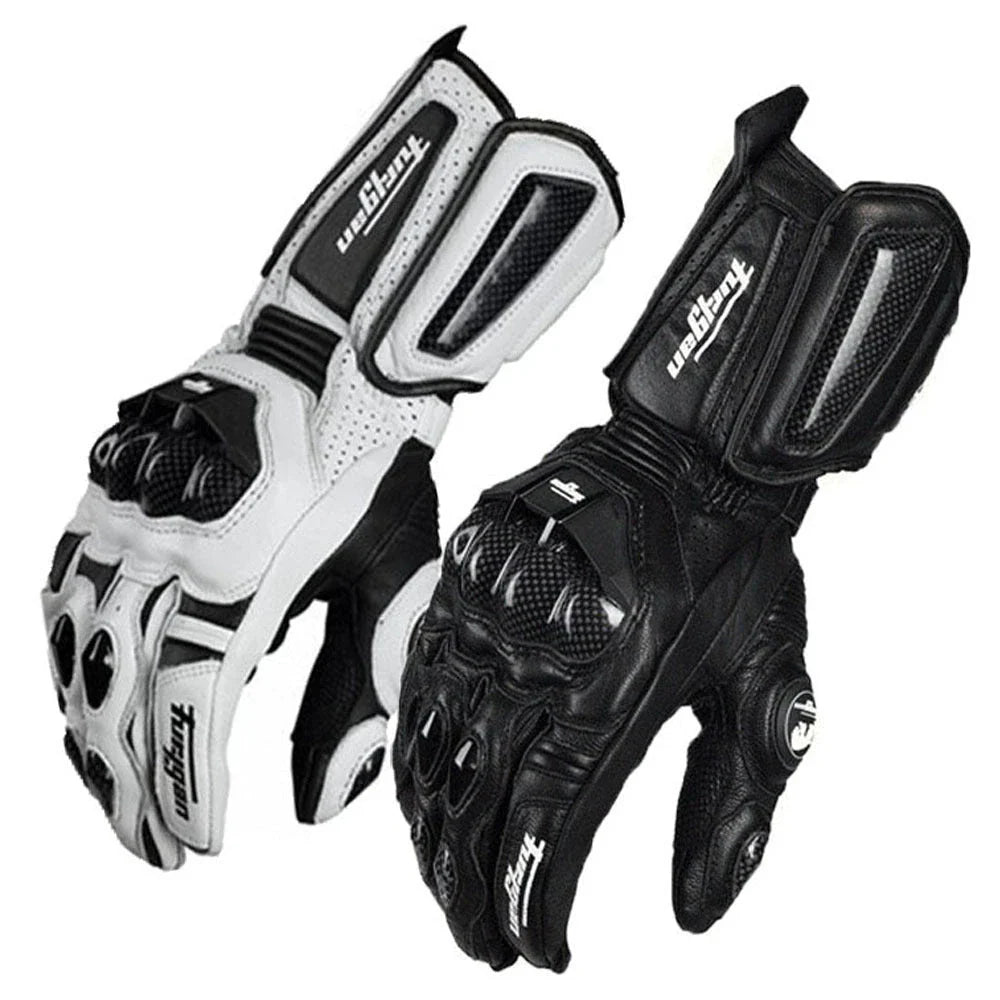 Premium motorcycle gloves made of leather and reinforced with carbon fibre for enhanced protection and breathability