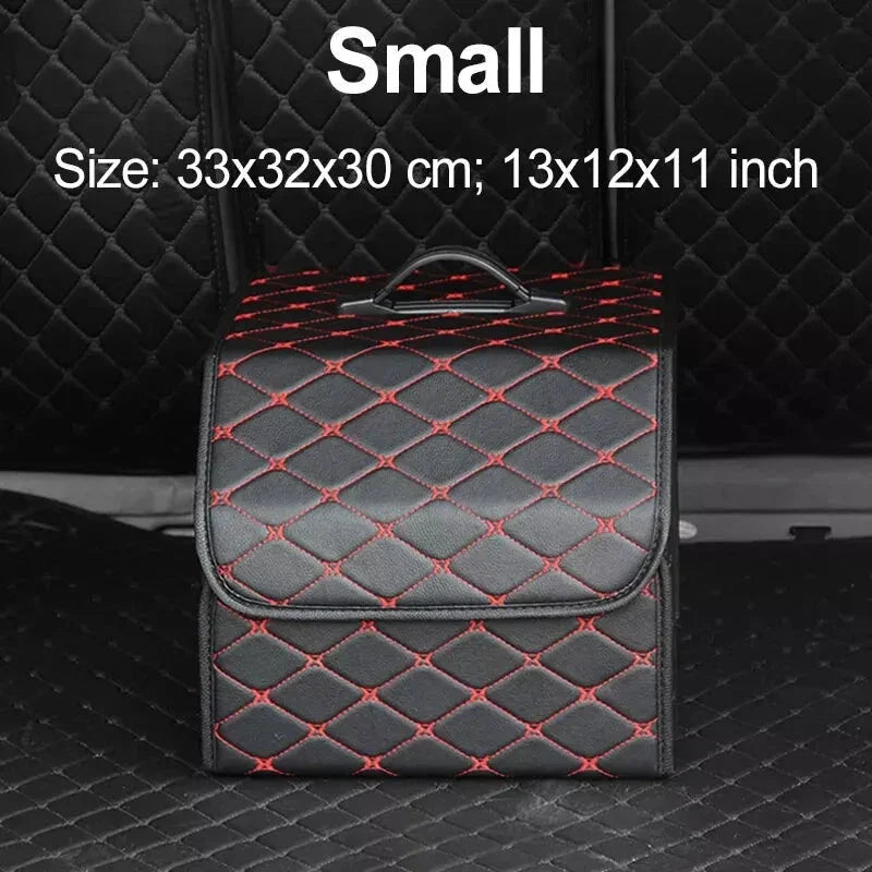 Premium collapsible leather car boot organiser in black, burgundy red, and black red colours