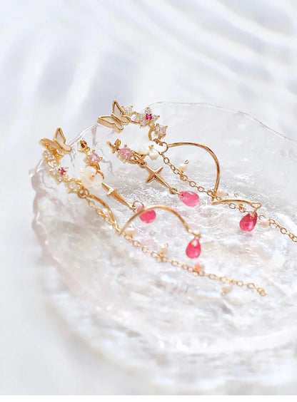 Elegant and Exquisite Gilded Earrings with Zircon Stones, Freshwater Pearls, and Resin Raindrops