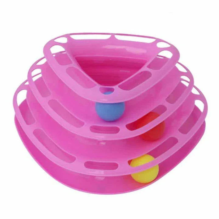 A yellow cat pyramid toy with colourful balls that encourages natural play and exploration for feline friends